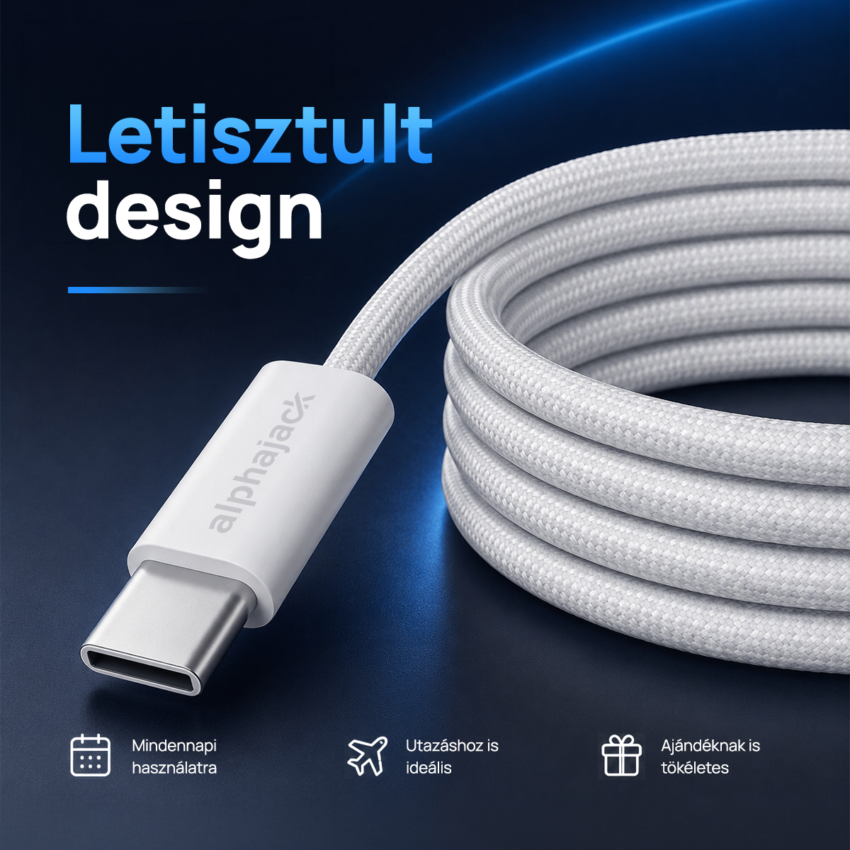 Alphajack USB-C USB-C 1MW- 60W adat és töltő kábel fehér 1m nylon borítással-2