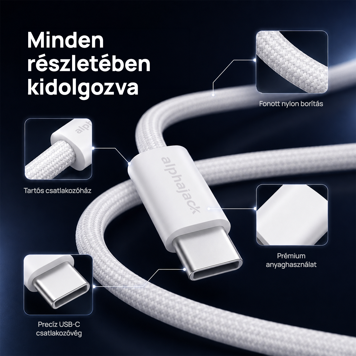 Alphajack USB-C USB-C 1MW- 60W adat és töltő kábel fehér 1m nylon borítással-9