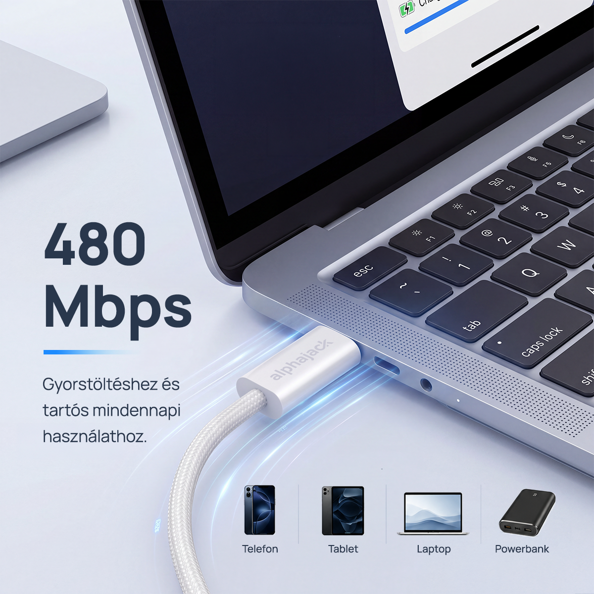 Alphajack USB-C USB-C 1MW- 60W adat és töltő kábel fehér 1m nylon borítással-7