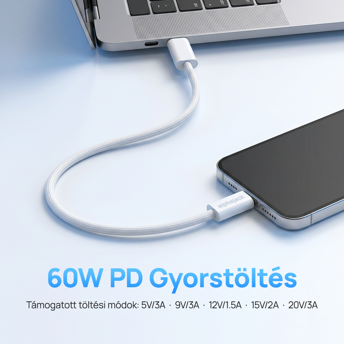 Alphajack USB-C USB-C 1MW- 60W adat és töltő kábel fehér 1m nylon borítással-4