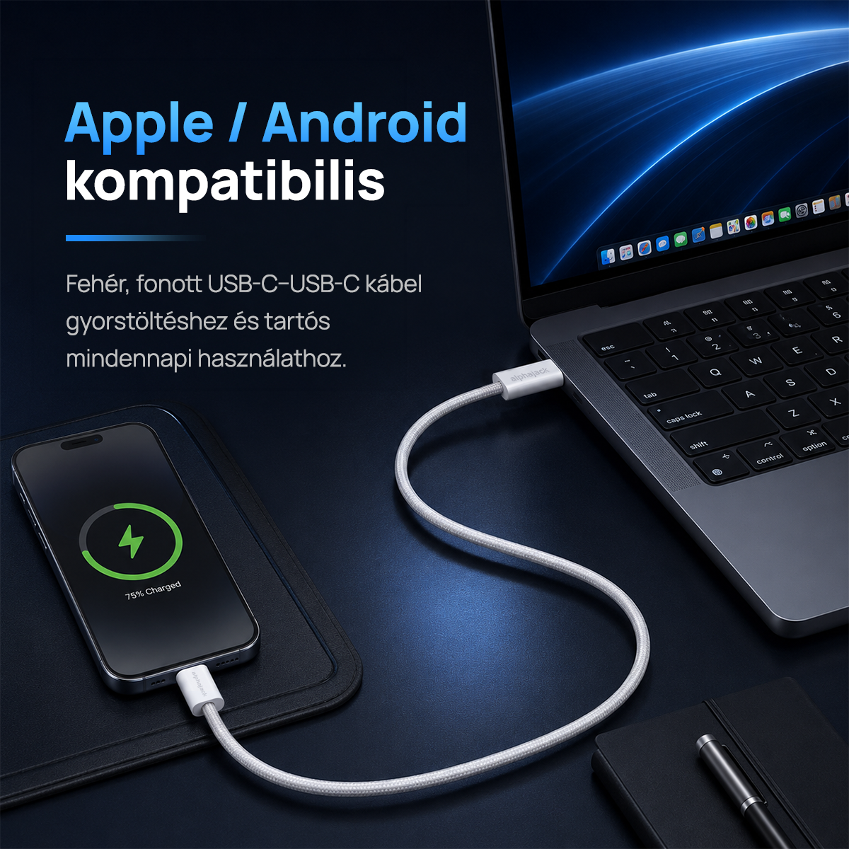 Alphajack USB-C USB-C 1MW- 60W adat és töltő kábel fehér 1m nylon borítással-8