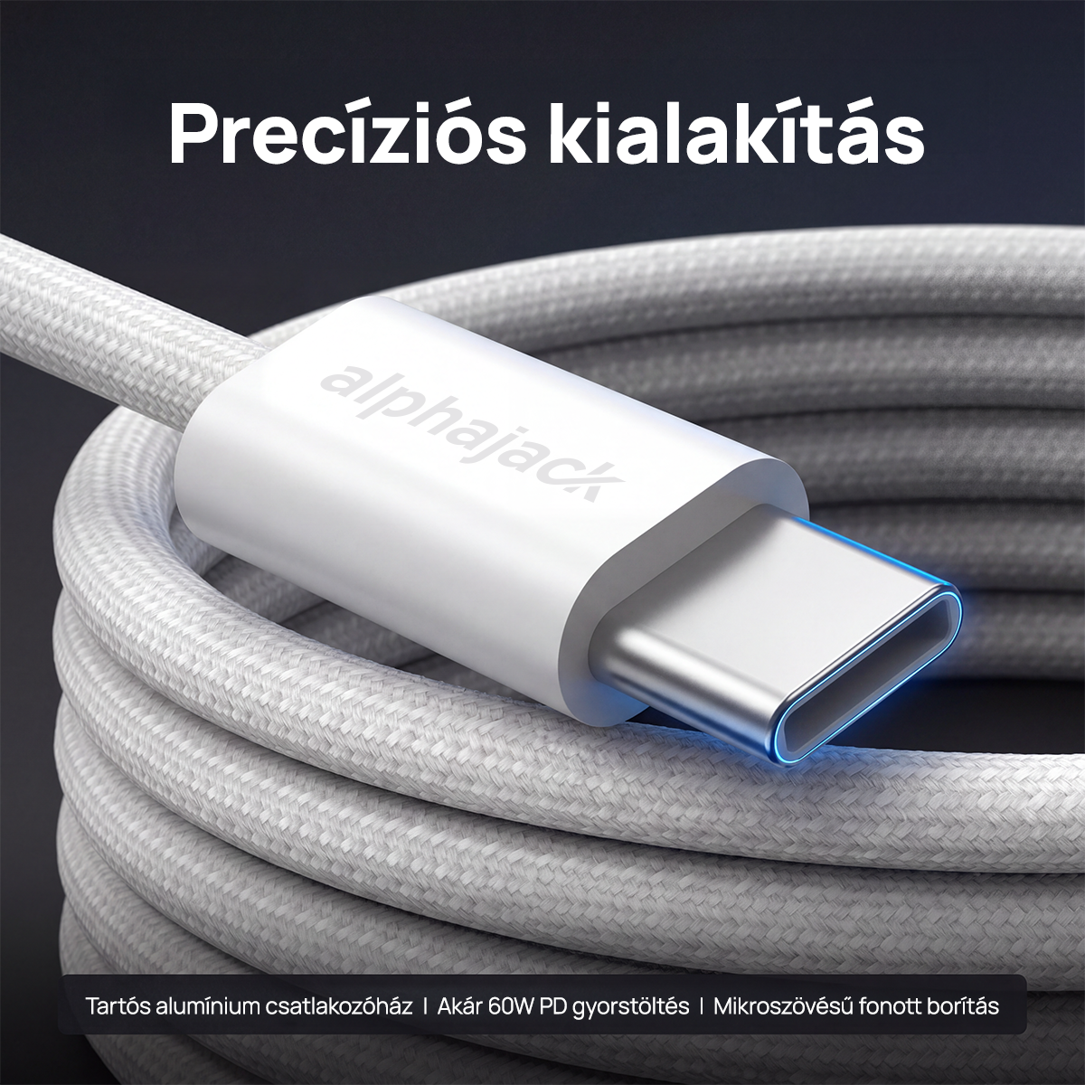 Alphajack USB-C USB-C 1MW- 60W adat és töltő kábel fehér 1m nylon borítással-5