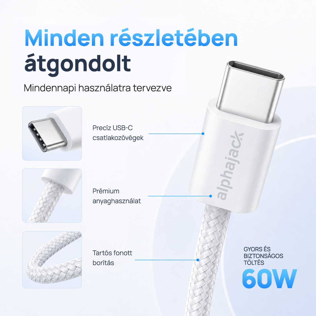 Alphajack USB-C USB-C 1MW- 60W adat és töltő kábel fehér 1m nylon borítással-12