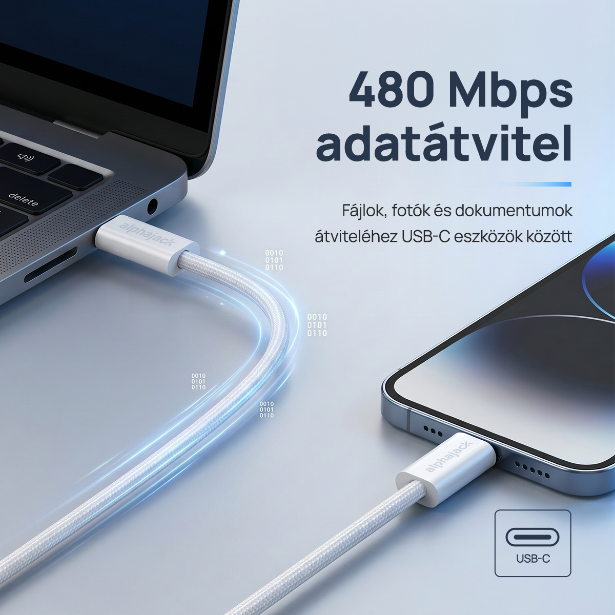 Alphajack USB-C USB-C 1MW- 60W adat és töltő kábel fehér 1m nylon borítással-11