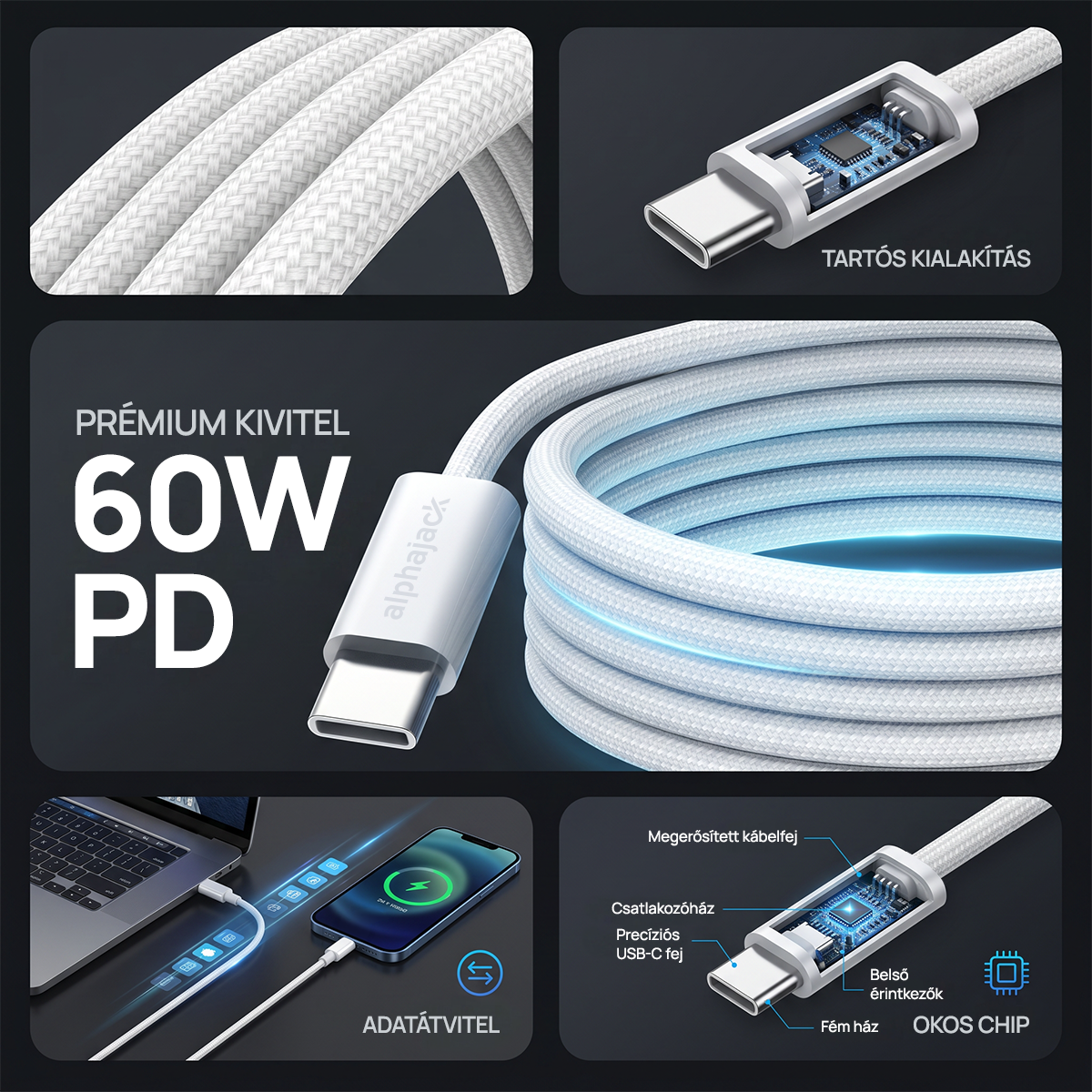 Alphajack USB-C USB-C 1MW- 60W adat és töltő kábel fehér 1m nylon borítással-3
