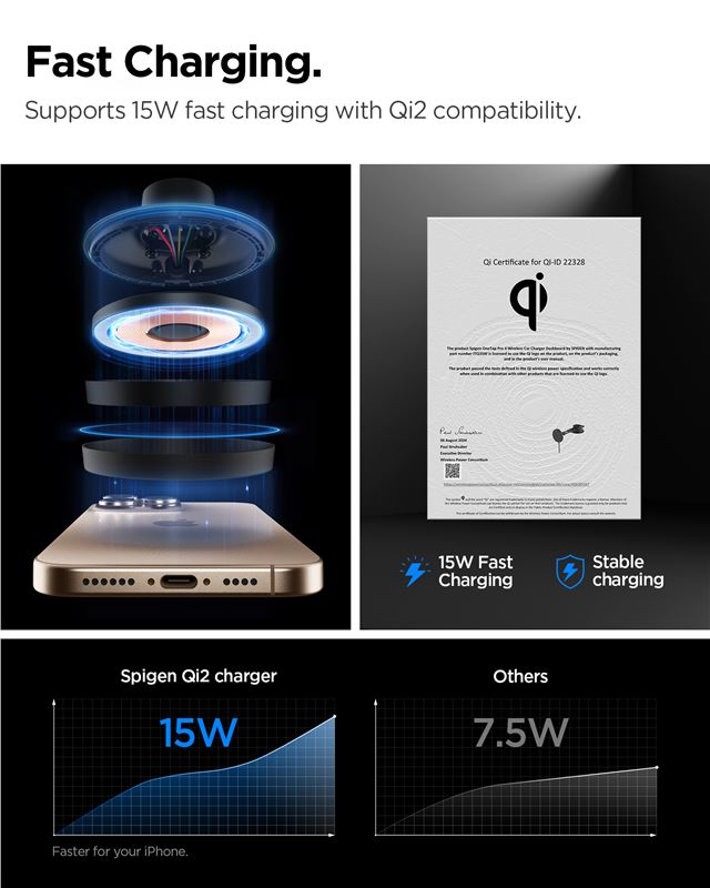 Spigen OneTap Pro 4 MagSafe autós töltő tartó, fekete Qi2-9