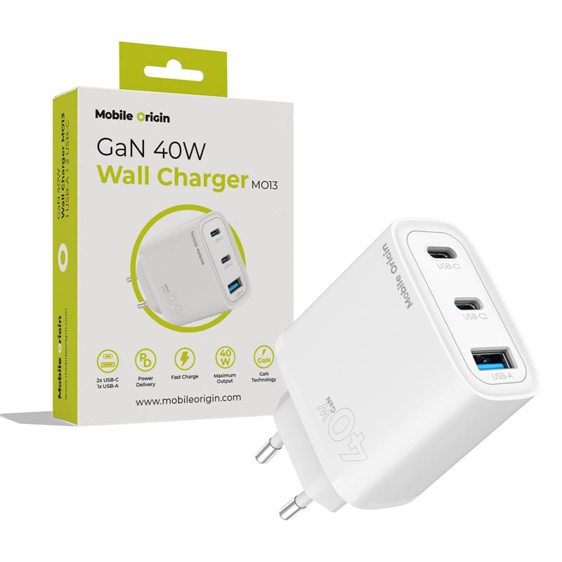 Mobile Origin GaN 40W fali töltő MO13 fehér, 1 USB-A és 2 USB-C-0