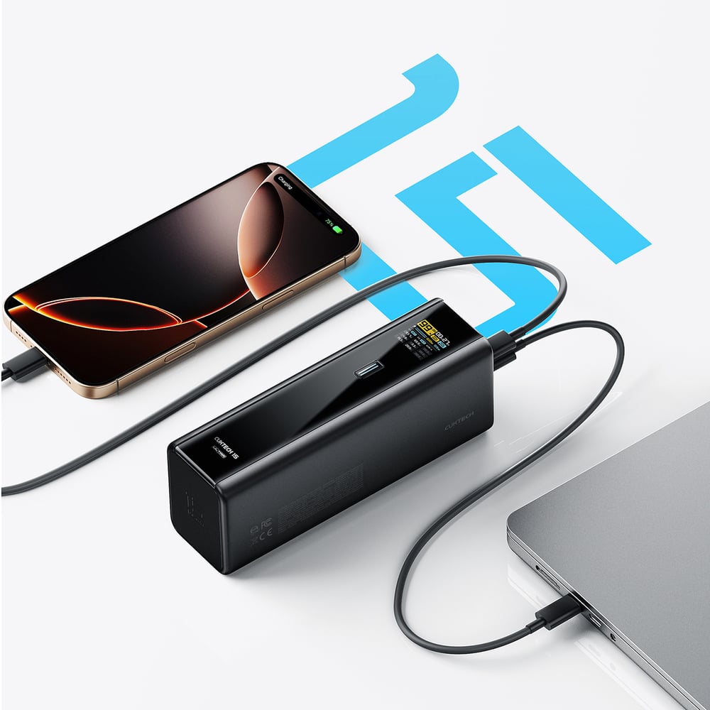 Cuktech PB200U 210 W 20 000 mAh külső akkumulátor TFT-kijelzővel és 240 W-os USB-C kábellel, fekete-1