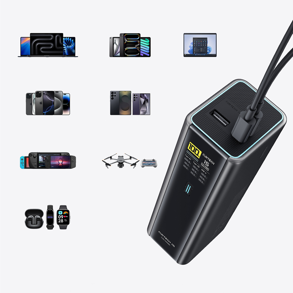 Cuktech PB200U 210 W 20 000 mAh külső akkumulátor TFT-kijelzővel és 240 W-os USB-C kábellel, fekete-8