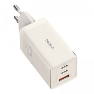 Baseus GaN5 Pro hálózati USB-C töltő adapter 2x USB-C + USB, 65W, 1 m, fehér