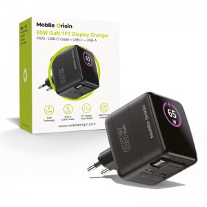 Mobile Origin PW3 65 W-os GaN kijelzős töltő visszahúzható USB-C kábellel, USB-C és USB-A csatlakozóval