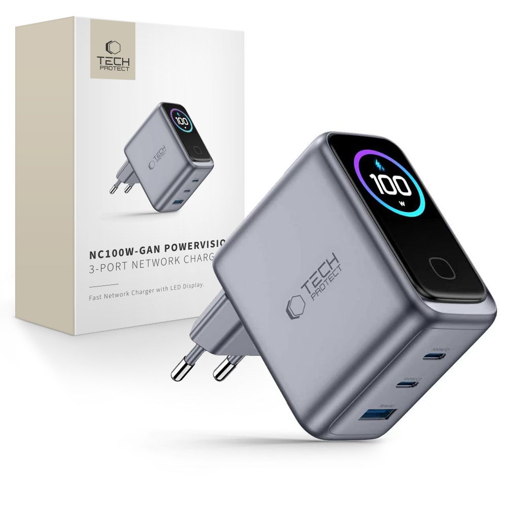 Tech-Protect PowerVision NC100W-GaN 3 portos 100 W-os hálózati töltő, sötétszürke (2×USB-C, 1×USB-A)-0