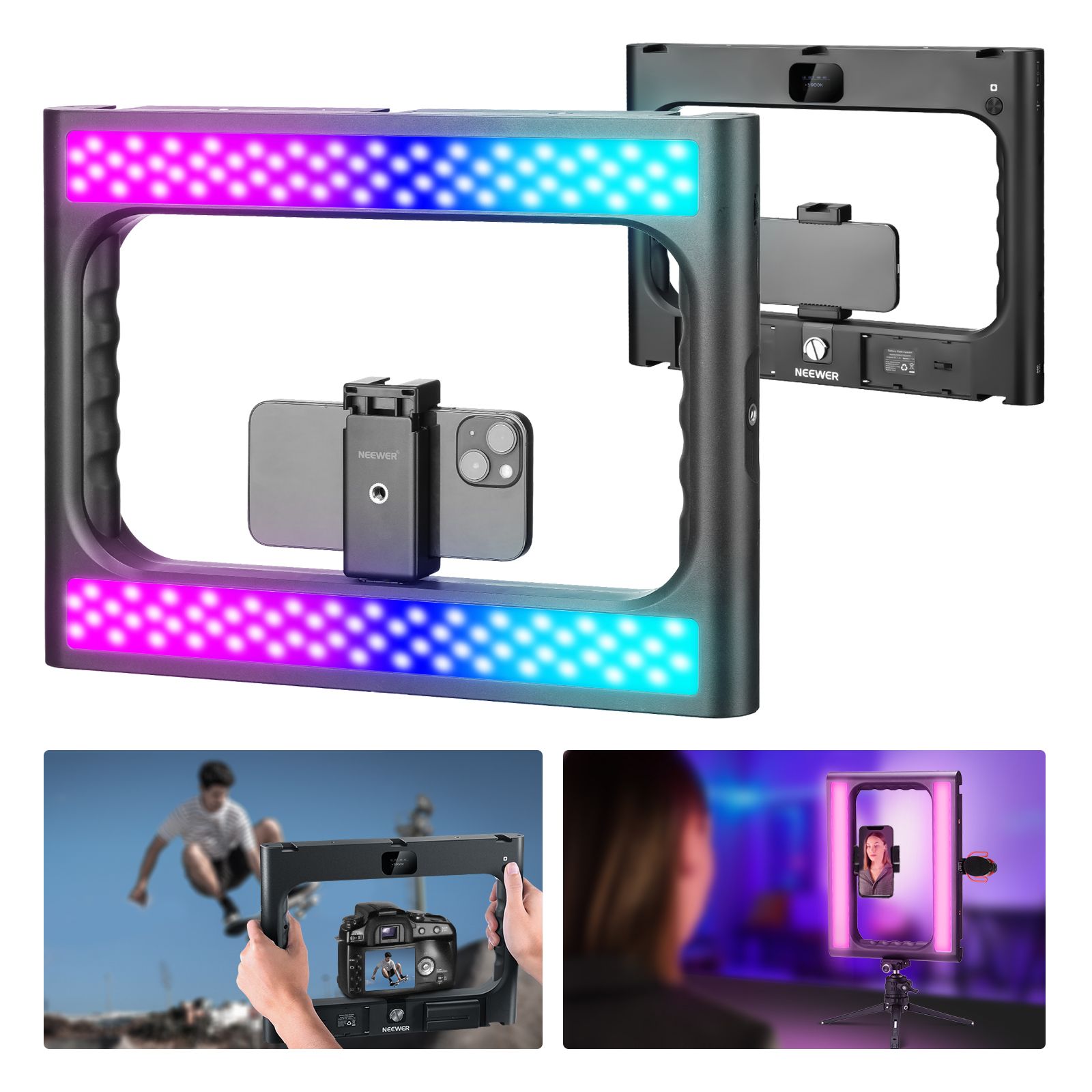 Neewer RGB-A111 20 W-os LED keretlámpa telefontartóval-10