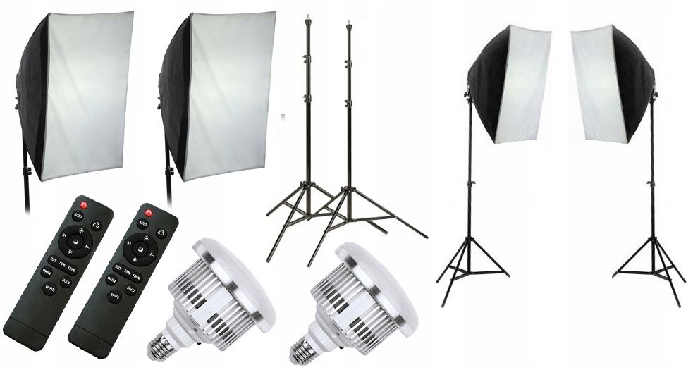10 az 1-ben készlet 2x 1600 W-os LED lámpa 3000–6500 K távirányítóval, 50x70 softboxszal, 230 cm-es állvánnyal / 2x LED803-8