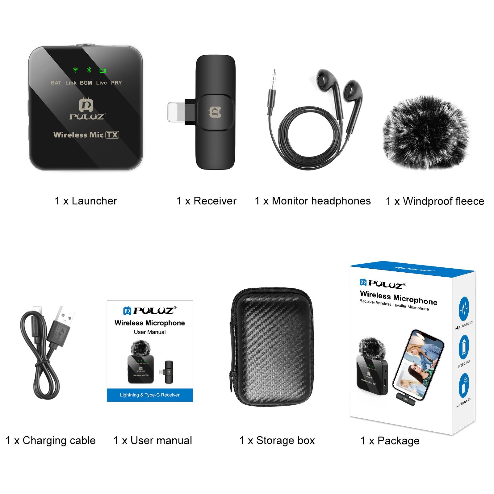 PULUZ vezeték nélküli csiptetős mikrofon Lightning (iPhone 15 előtti szériák) vevőegységgel, fekete-6