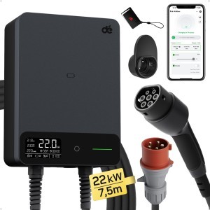 dé 22 kW-os fali töltő 7,5 m-es kábellel, alkalmazásos változat TUYA TYPE-2