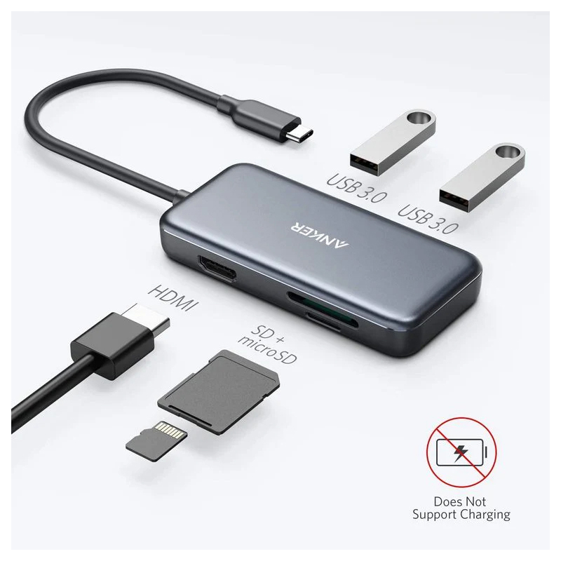 Anker USB-C hub, 2x USB-A 3.0, 1x HDMI, SD, microSD, fekete (A8334HA1)-1