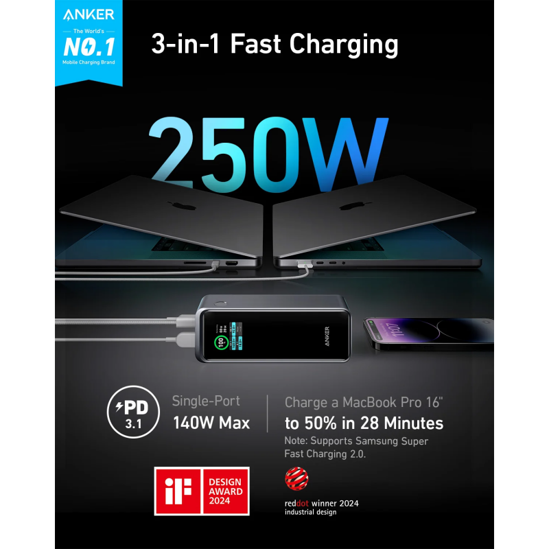 Anker Prime 27650 mAh 250W hordozható külső akkumulátor (powerbank), PD és QC gyorstöltéssel, fekete (A1340012)-1