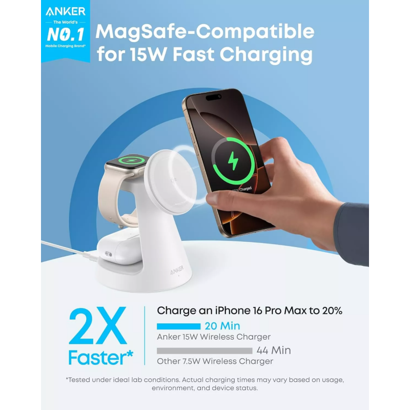 Anker MagGo B25M4G21 3 az 1-ben vezeték nélküli töltő, 15 W, fehér-4