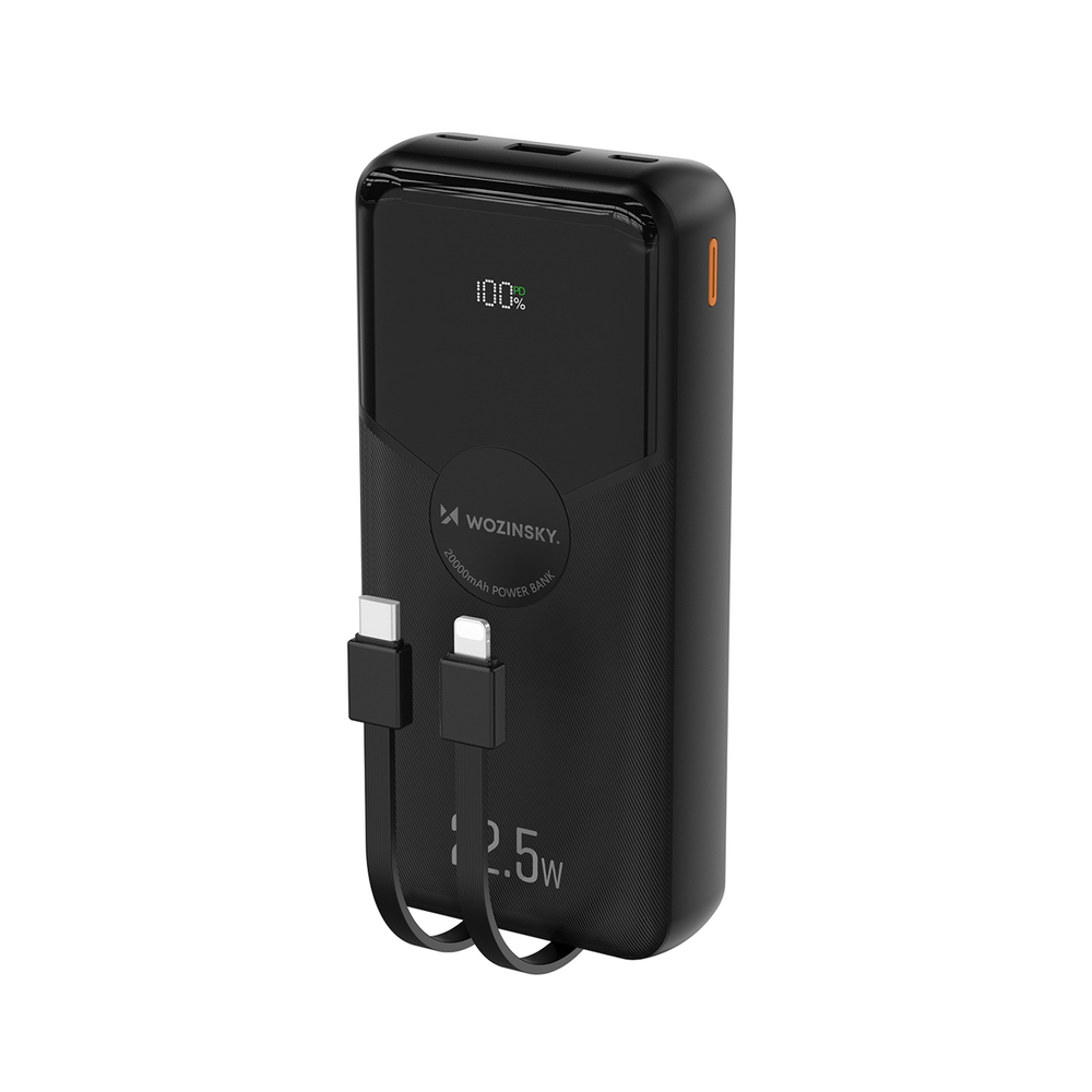 Wozinsky WFC-15B 20 000 mAh-s külső akkumulátor beépített Lightning- és USB-C-kábellel, fekete powerbank-0