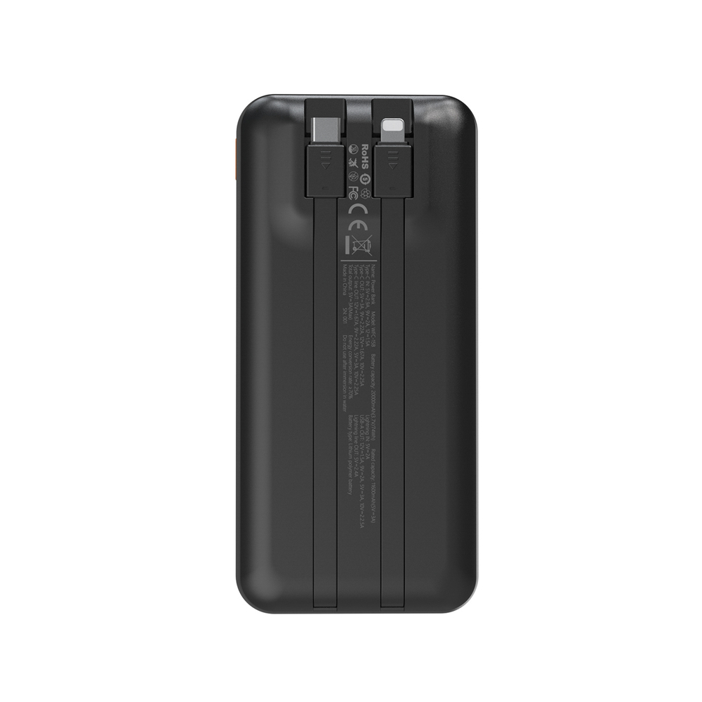 Wozinsky WFC-15B 20 000 mAh-s külső akkumulátor beépített Lightning- és USB-C-kábellel, fekete powerbank-3
