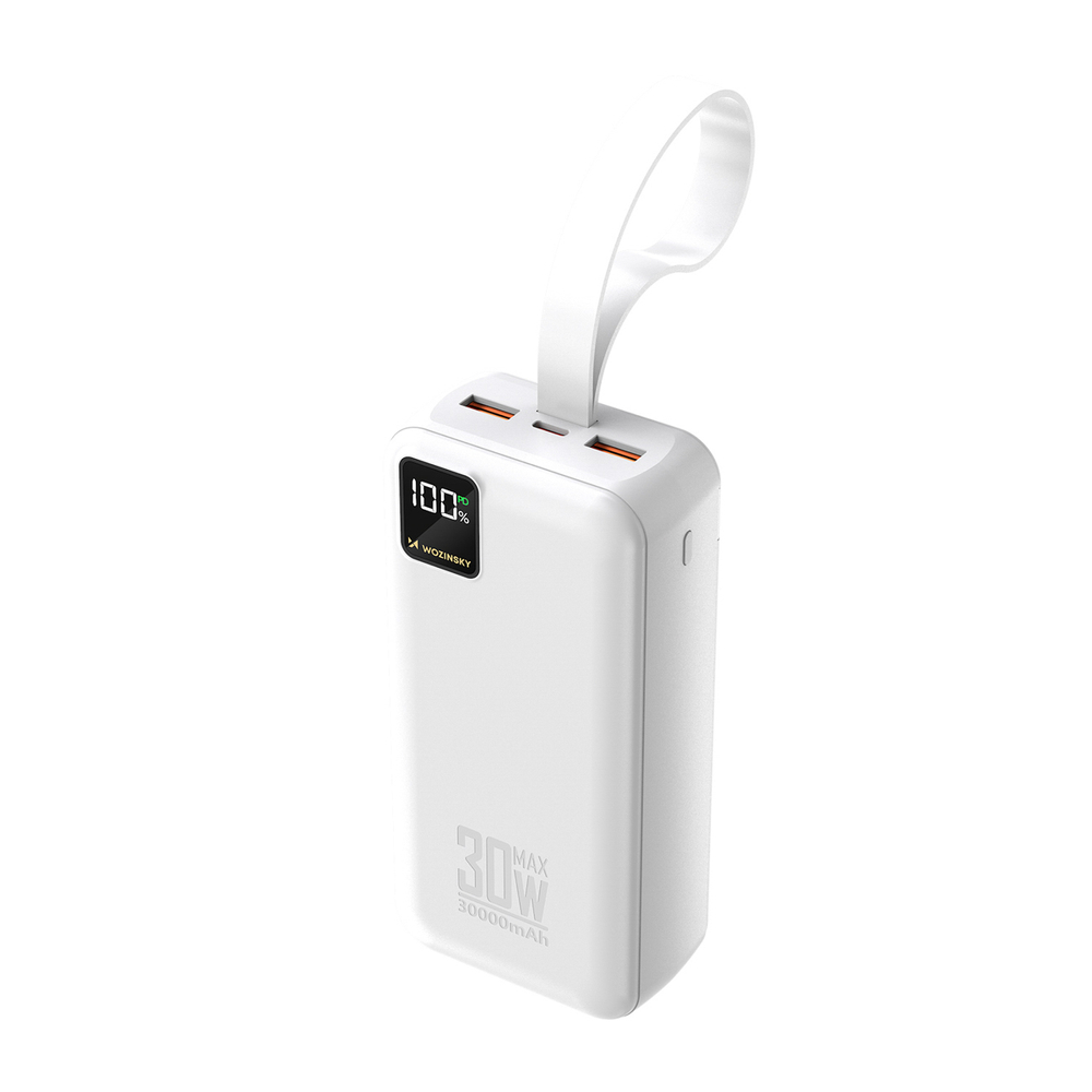 Wozinsky W8-W 30000 mAh külső akkumulátor, 30 W, 2 USB-A és USB-C csatlakozó, zseblámpa, fehér powerbank-0