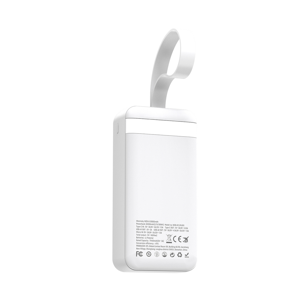 Wozinsky W8-W 30000 mAh külső akkumulátor, 30 W, 2 USB-A és USB-C csatlakozó, zseblámpa, fehér powerbank-3