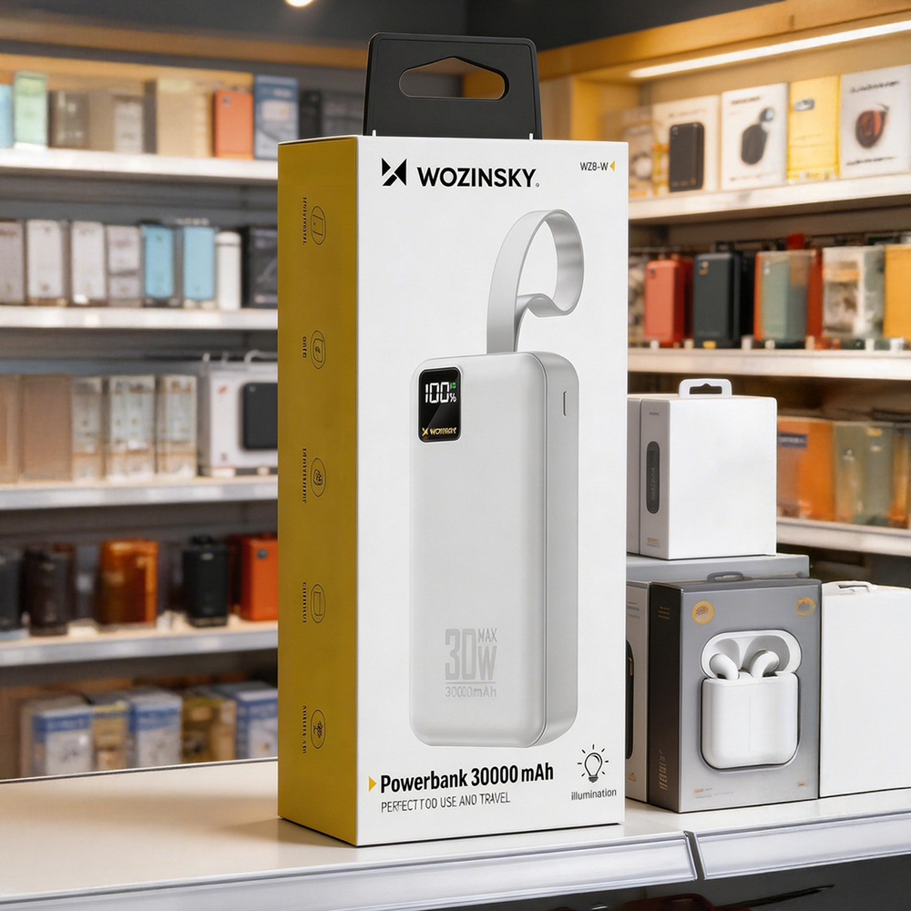 Wozinsky W8-W 30000 mAh külső akkumulátor, 30 W, 2 USB-A és USB-C csatlakozó, zseblámpa, fehér powerbank-6