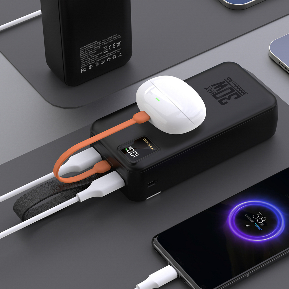 Wozinsky W8-W 30000 mAh, 30 W külső akkumulátor 2 USB-A és USB-C csatlakozóval, zseblámpával, fekete powerbank-4