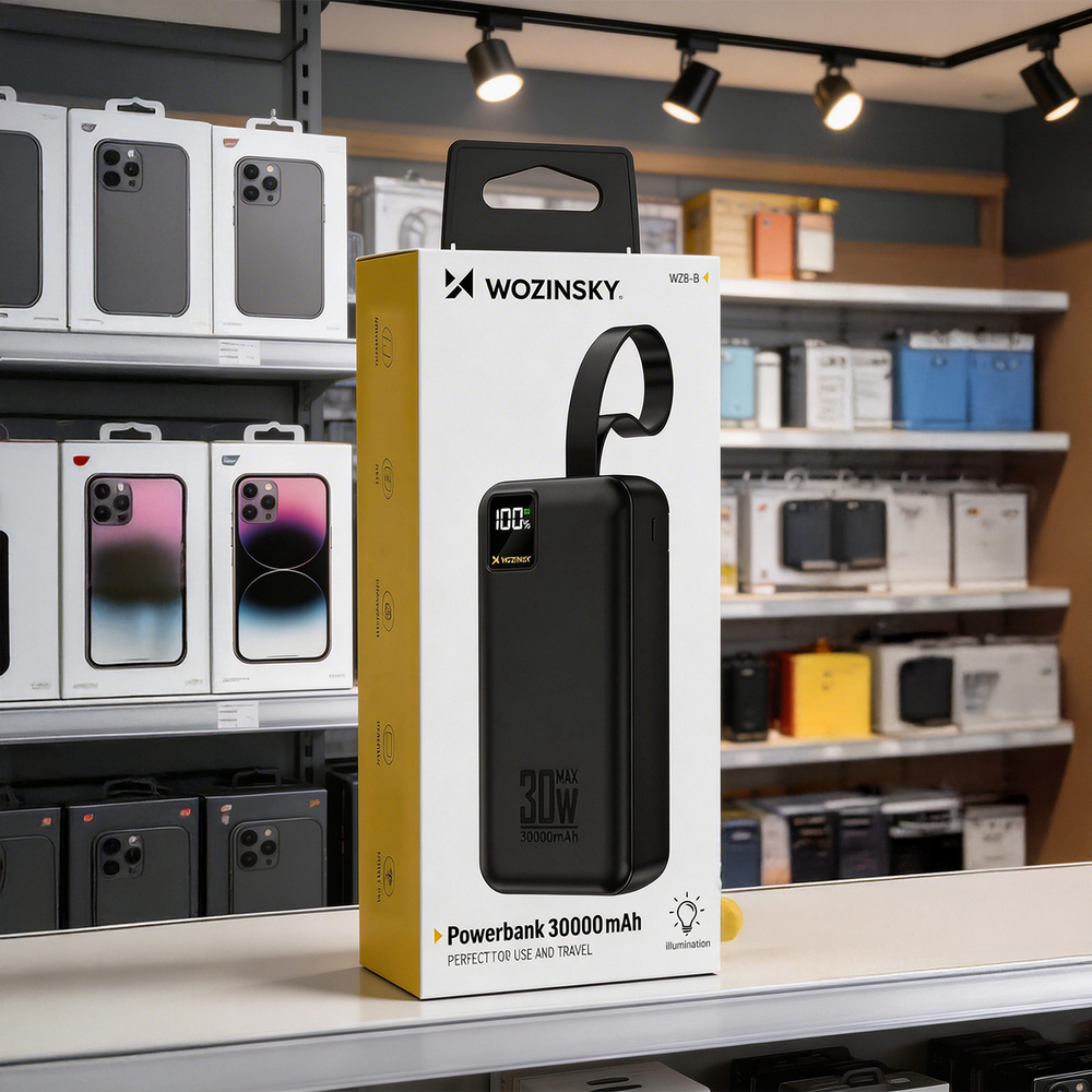 Wozinsky W8-W 30000 mAh, 30 W külső akkumulátor 2 USB-A és USB-C csatlakozóval, zseblámpával, fekete powerbank-7