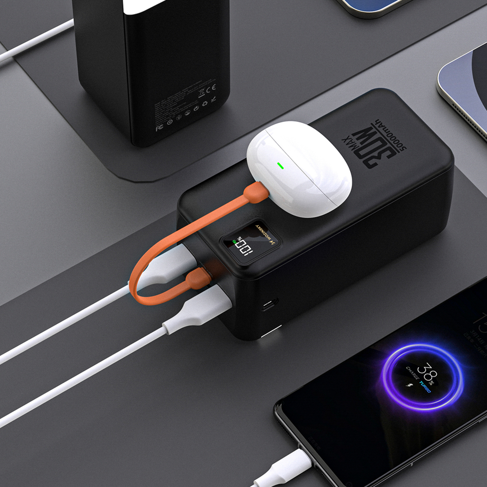 Wozinsky W8-B 50000 mAh 30 W külső akkumulátor, 2 USB-A, USB-C, LED-lámpa, fekete powerbank-4