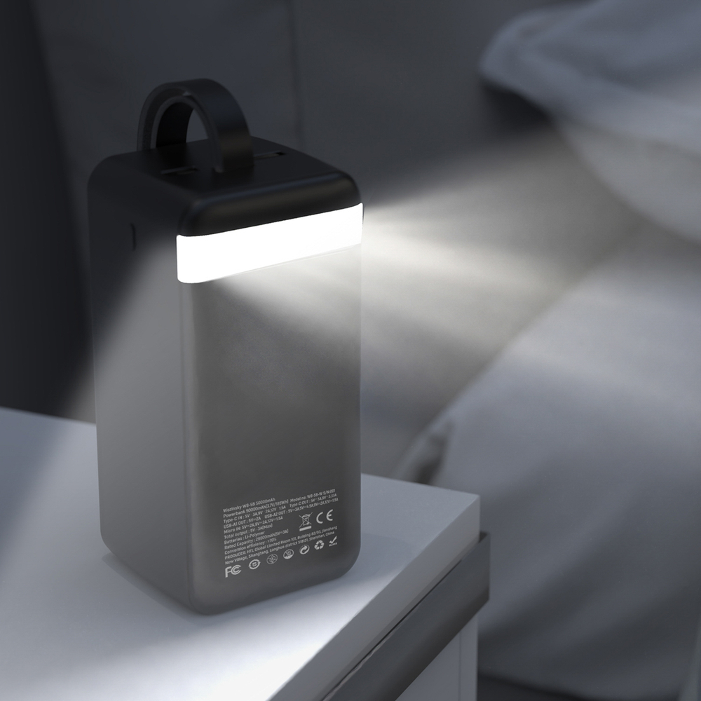 Wozinsky W8-B 50000 mAh 30 W külső akkumulátor, 2 USB-A, USB-C, LED-lámpa, fekete powerbank-5