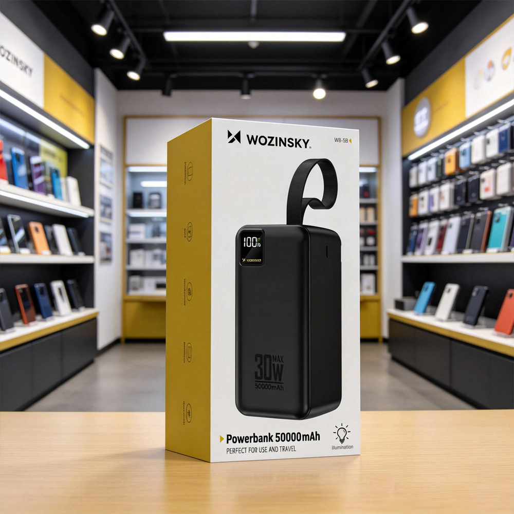 Wozinsky W8-B 50000 mAh 30 W külső akkumulátor, 2 USB-A, USB-C, LED-lámpa, fekete powerbank-6