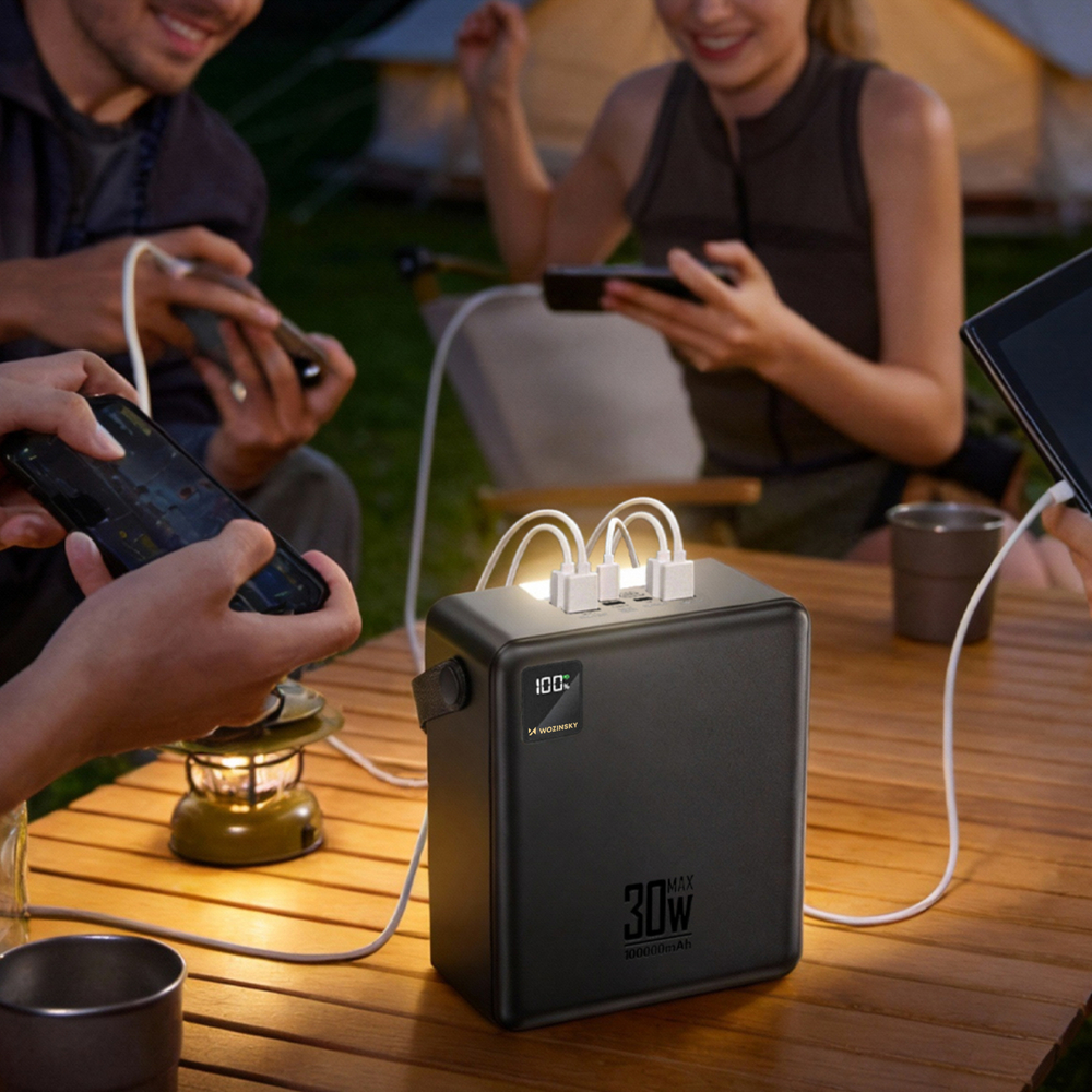 Wozinsky W8-B 100.000 mAh, 30 W-os külső akkumulátor LED-lámpával, fekete powerbank-1