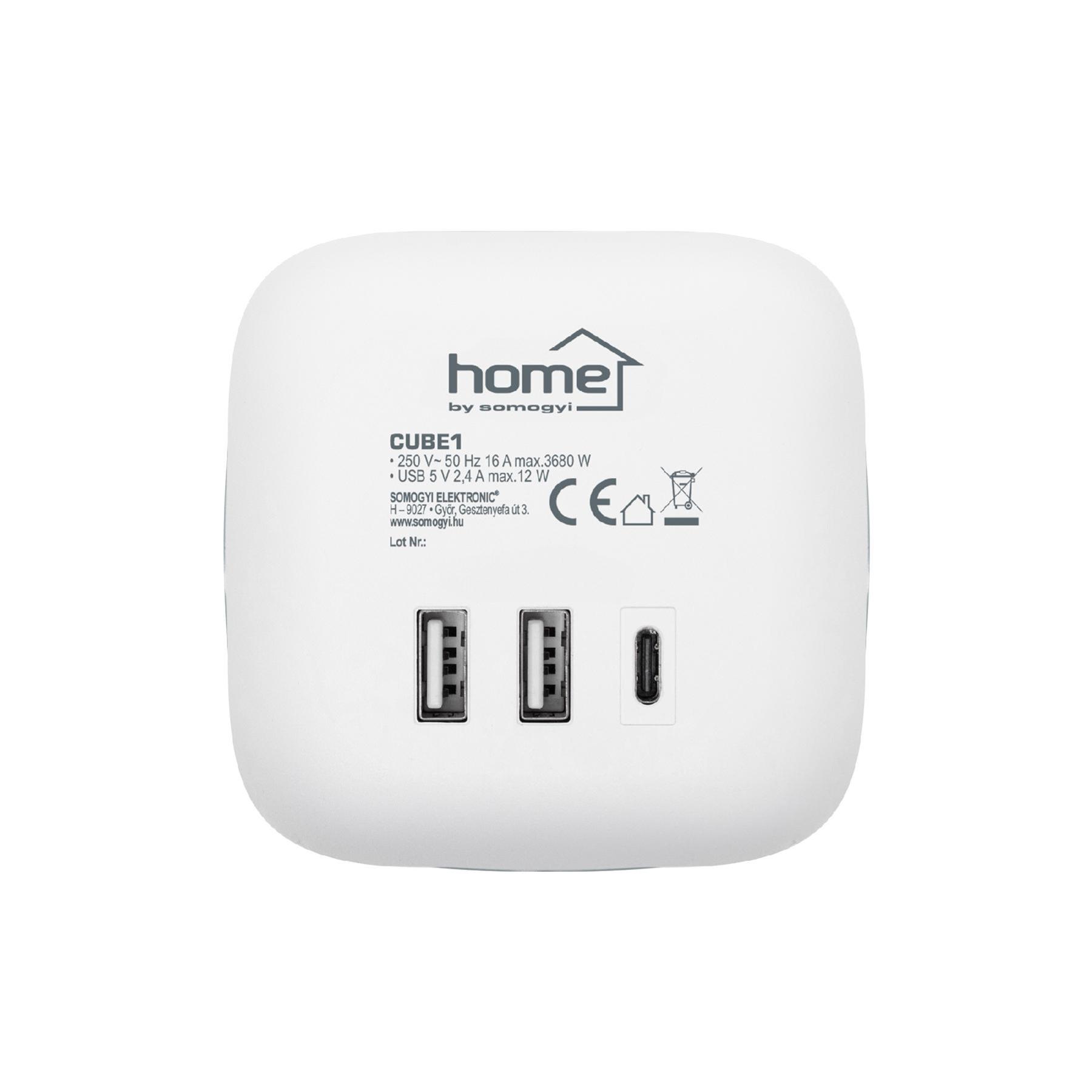 Home CUBE1 kocka elosztó USB töltővel, 3 aljzat gyermekvédelemmel, 1db USB C, 2db  USB A, max. 3680 W-4