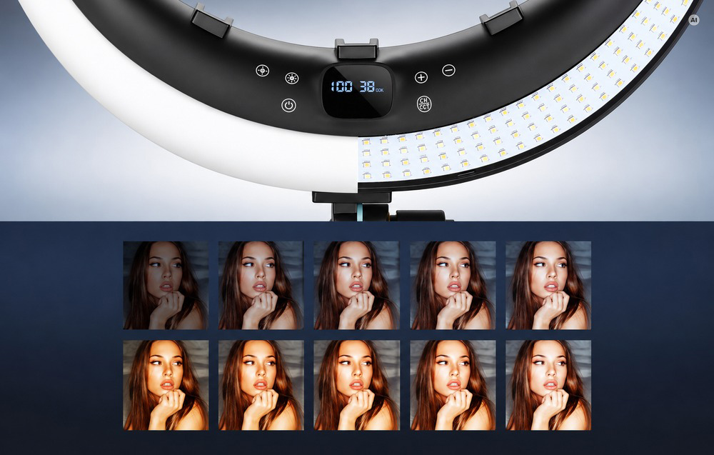 NEEWER RP19H 19 hüvelykes LED-es gyűrűs lámpa három telefontartóval-3