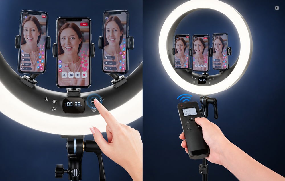 NEEWER RP19H 19 hüvelykes LED-es gyűrűs lámpa három telefontartóval-5