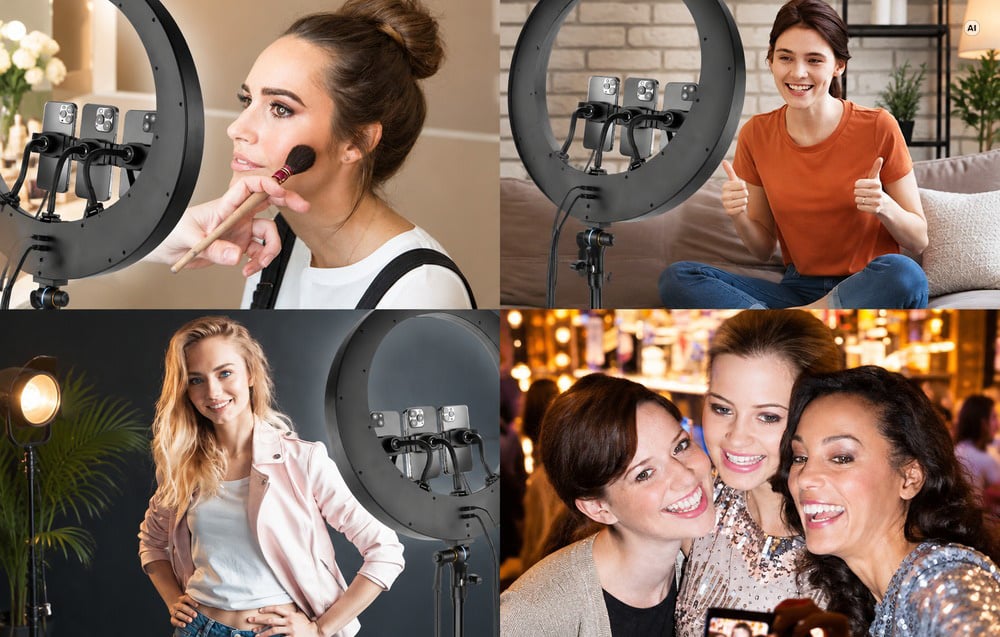 NEEWER RP19H 19 hüvelykes LED-es gyűrűs lámpa három telefontartóval-6
