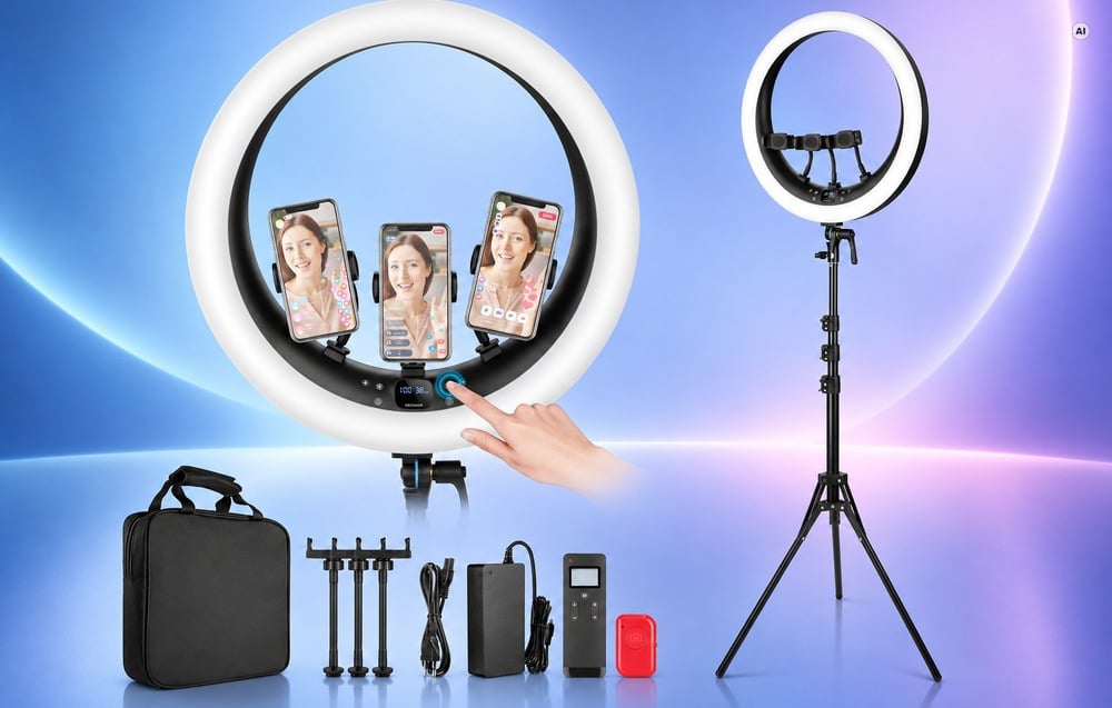 NEEWER RP19H 19 hüvelykes LED-es gyűrűs lámpa három telefontartóval-7