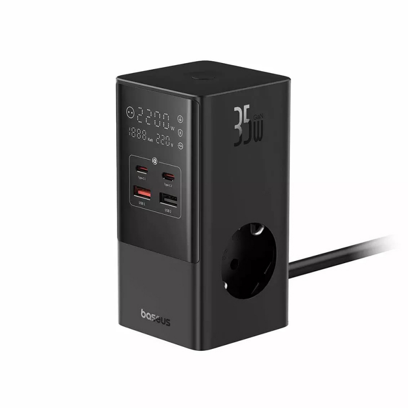 Baseus PowerCombo elosztó, 35 W, 5 A, 3 Schuko, 2 USB-A, 2 USB-C, fekete (E00023606113-00)-0