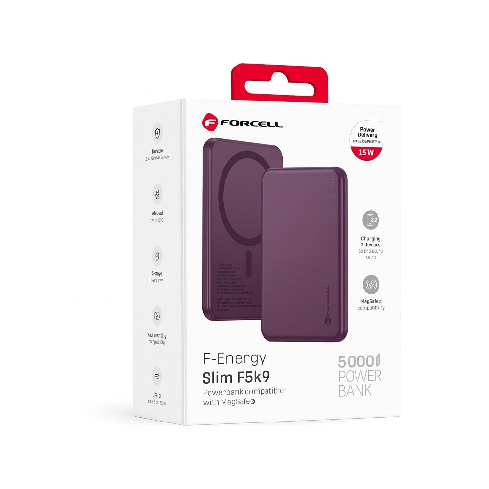 Forcell F-Energy Slim F5K9 MagSafe-kompatibilis vezeték nélküli külső akkumulátor 5000 mAh, cseresznyepiros powerbank-2