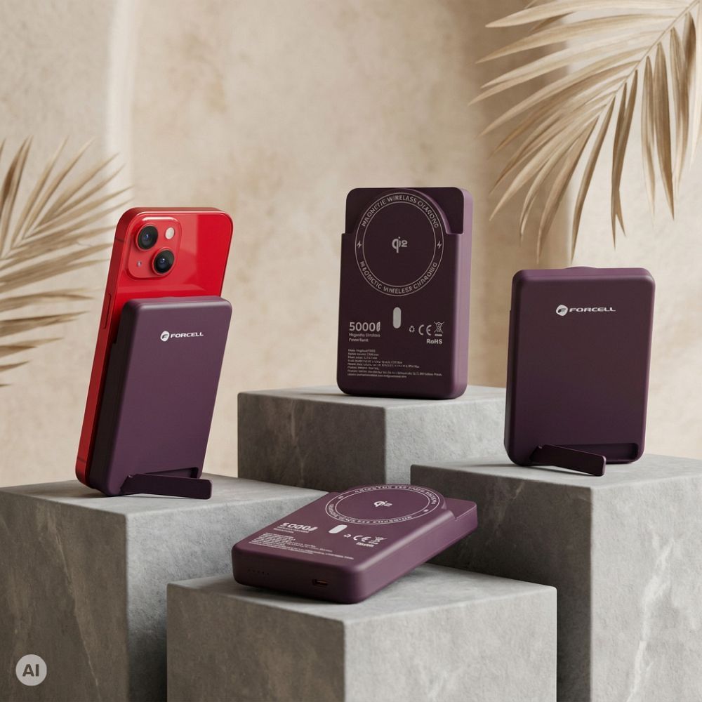 Forcell F-Energy MagStand Qi2 F5K10 MagSafe-kompatibilis mágneses powerbank, 5000 mAh, cseresznye powerbank-4