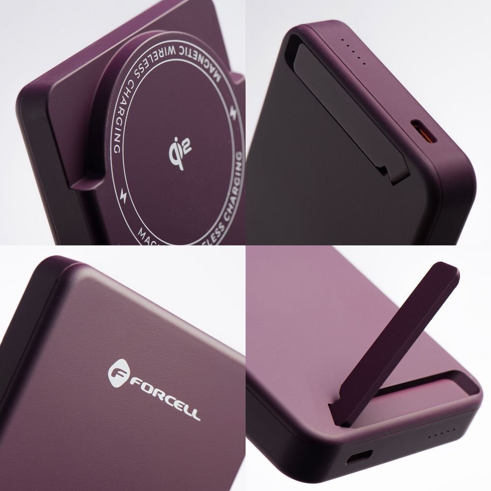 Forcell F-Energy MagStand Qi2 F5K10 MagSafe-kompatibilis mágneses powerbank, 5000 mAh, cseresznye powerbank-2