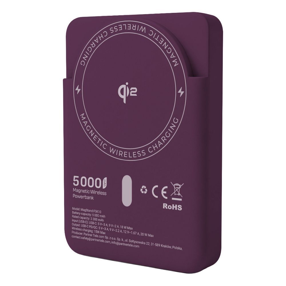 Forcell F-Energy MagStand Qi2 F5K10 MagSafe-kompatibilis mágneses powerbank, 5000 mAh, cseresznye powerbank-1