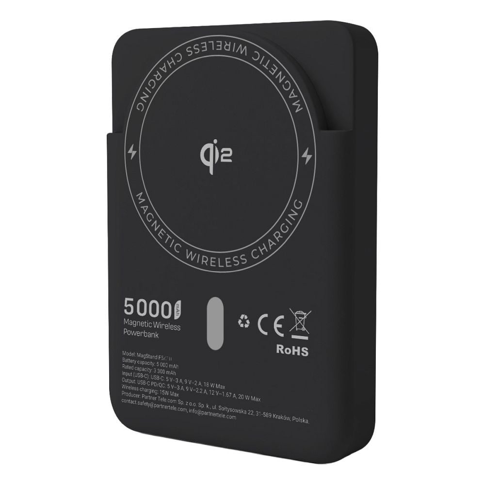 Forcell F-Energy MagStand Qi2 F5K10 fekete mágneses külső akkumulátor 5000 mAh, 20 W powerbank-1
