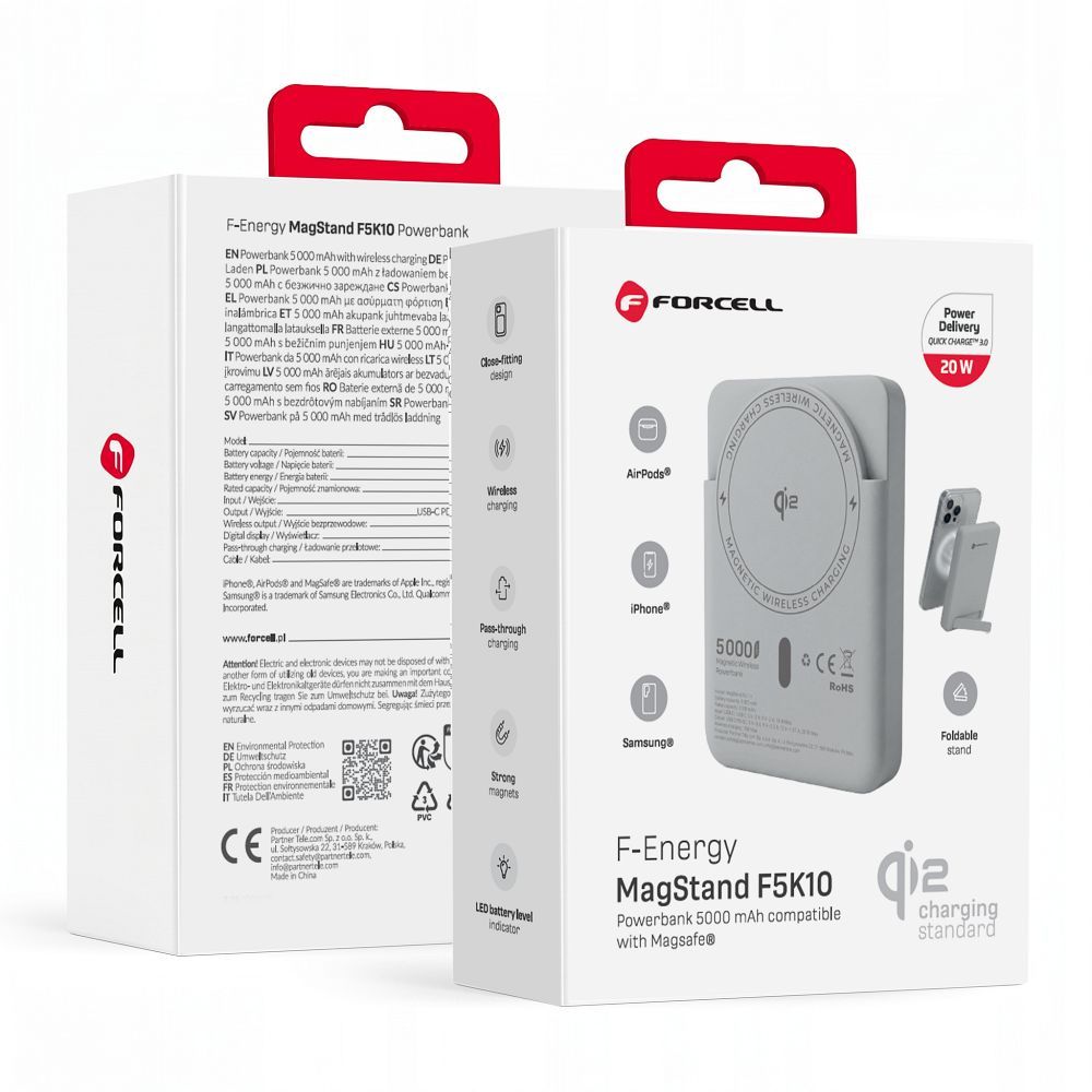 Forcell F-Energy MagStand Qi2 F5K10 mágneses külső akkumulátor 5000 mAh, fehér powerbank-0