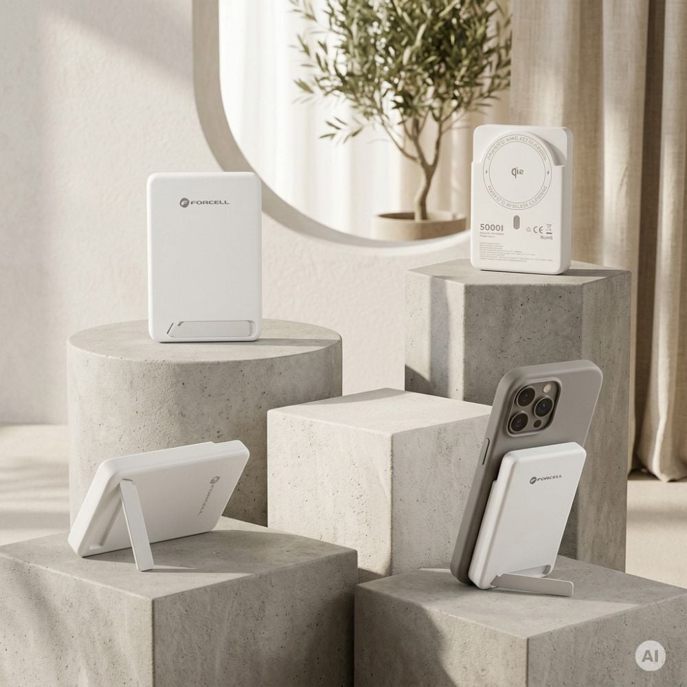Forcell F-Energy MagStand Qi2 F5K10 mágneses külső akkumulátor 5000 mAh, fehér powerbank-4