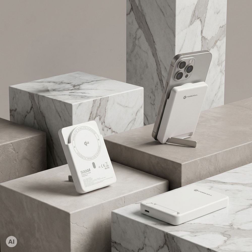 Forcell F-Energy MagStand Qi2 F5K10 mágneses külső akkumulátor 5000 mAh, fehér powerbank-3
