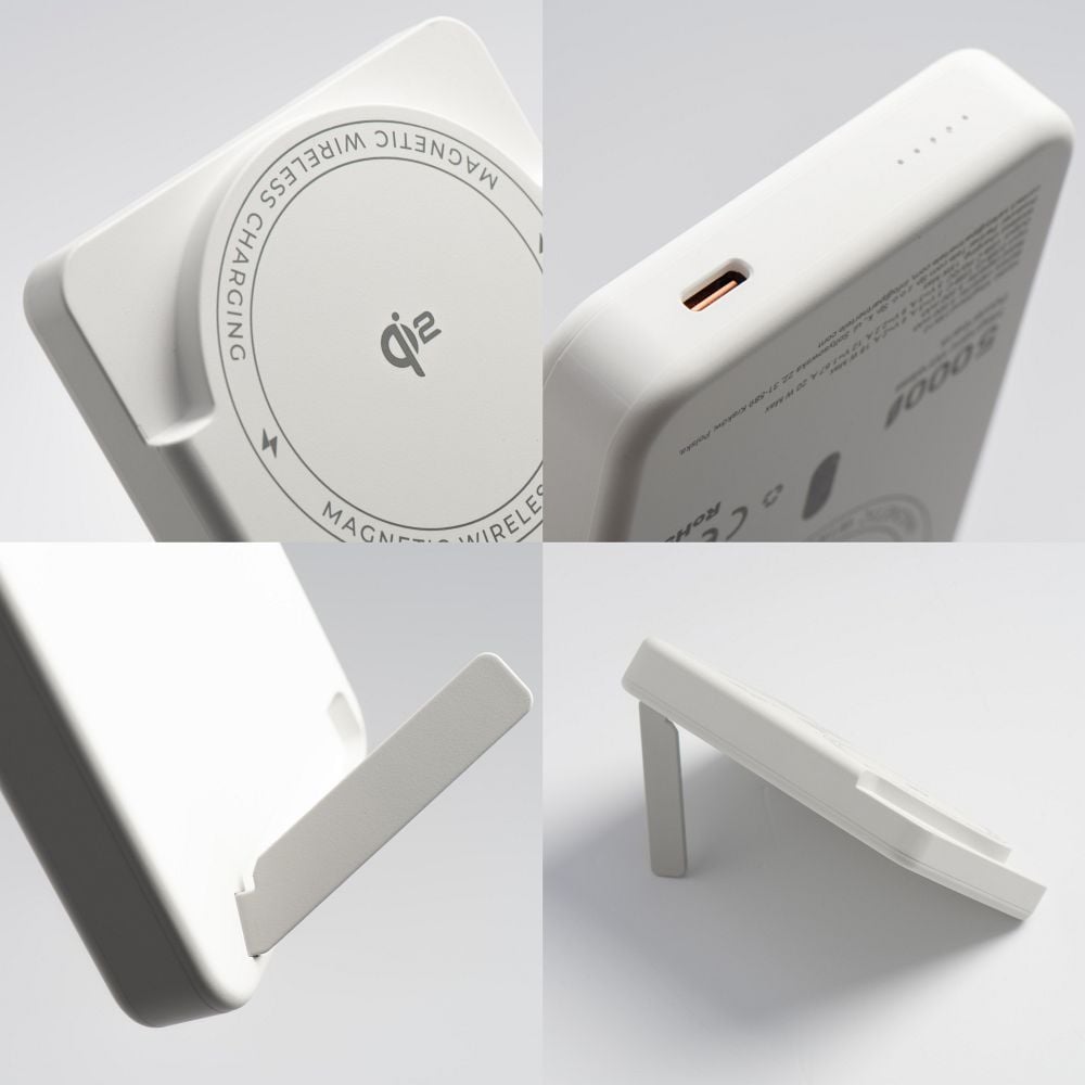 Forcell F-Energy MagStand Qi2 F5K10 mágneses külső akkumulátor 5000 mAh, fehér powerbank-2