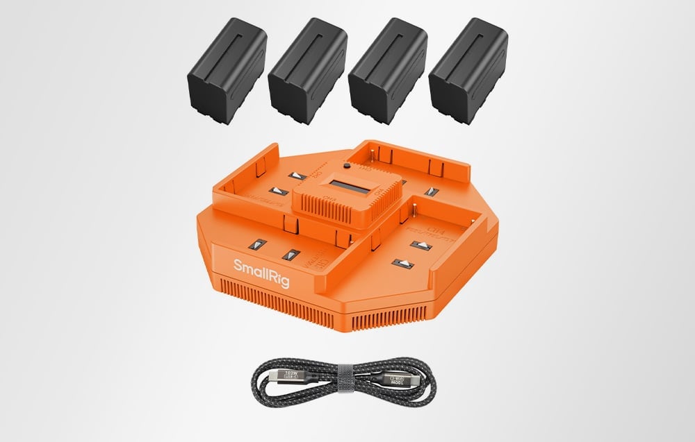 SmallRig 4834 négycsatornás NP-F akkumulátortöltő 4 db NP-F970 akkumulátorral-5